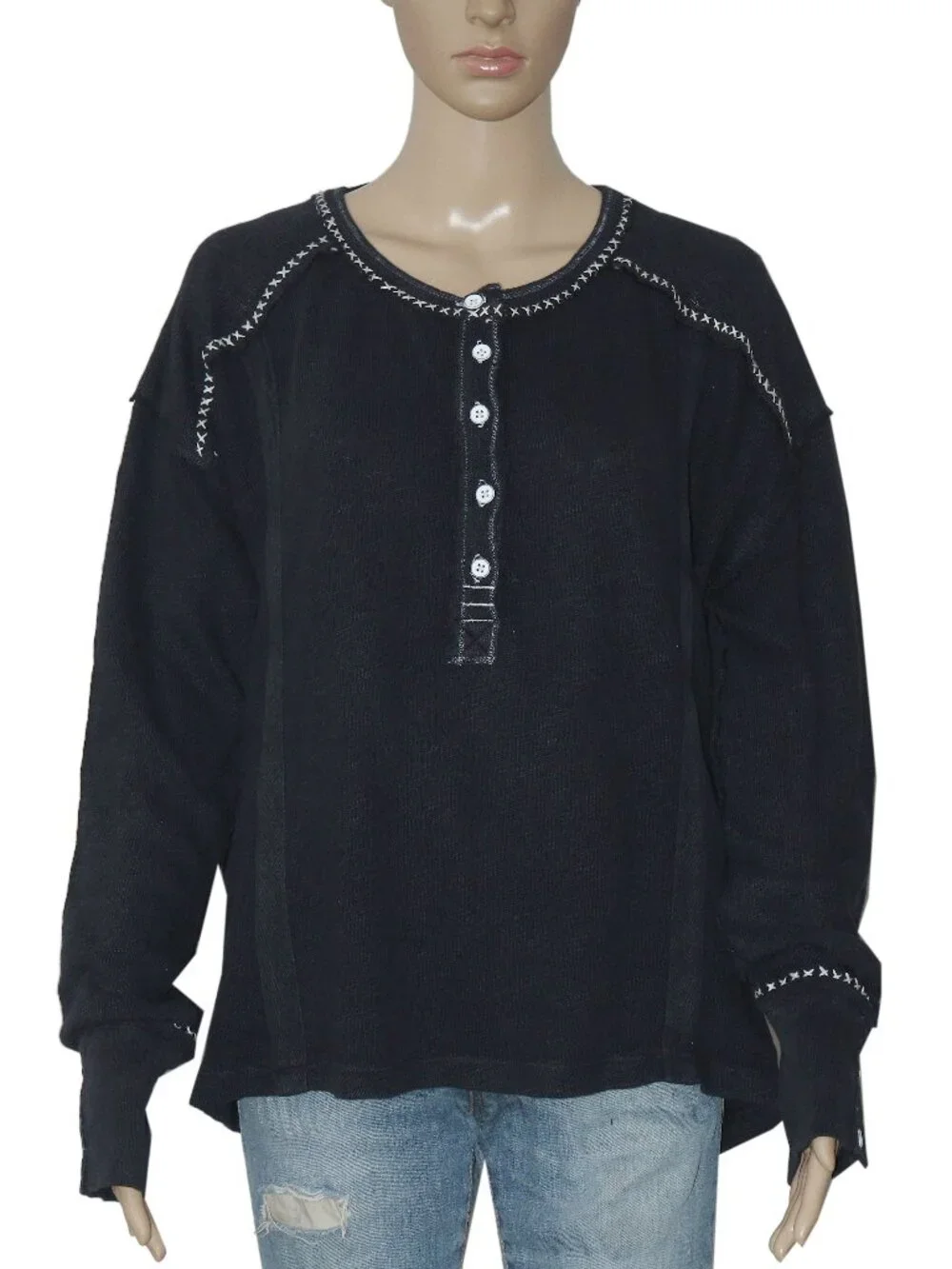 Free People We The Free Taylor Henley Top Dropped Shoulder Black S